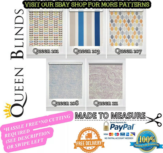 ~MADE TO MEASURE~ EASY FIT Premium Patterned Multicoloured Custom Roller Blinds* *NO CUTTING REQUIRED - *HASSLE FREE* - **READY TO FIT** - Queen Blinds ltd